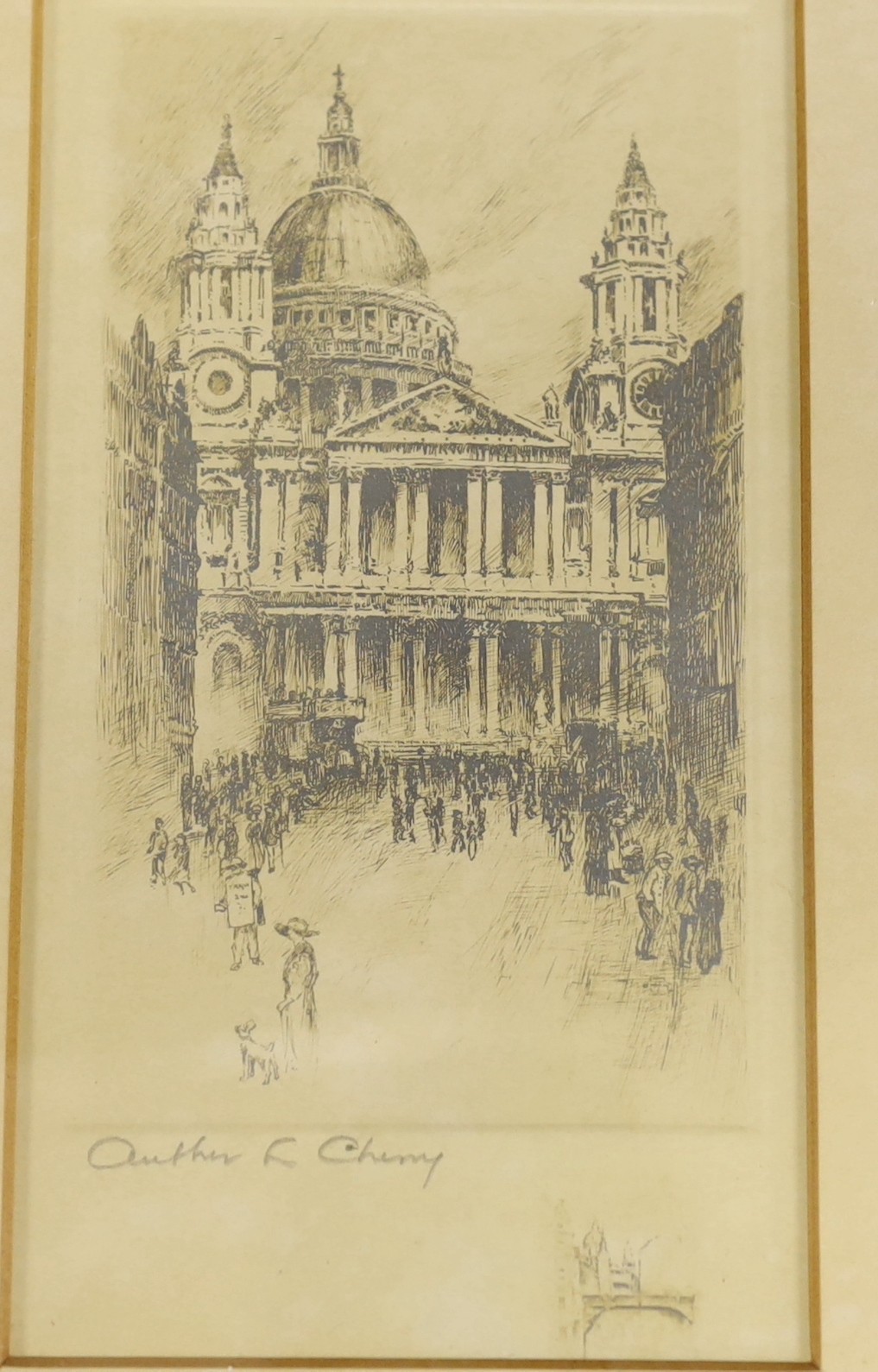 H.B. Andrews (fl.1920's), pencil drawing, 'Sergeants in Fleet Street', signed, 9.5 x 11cm, and three printed Views of London by Arthur Cherry